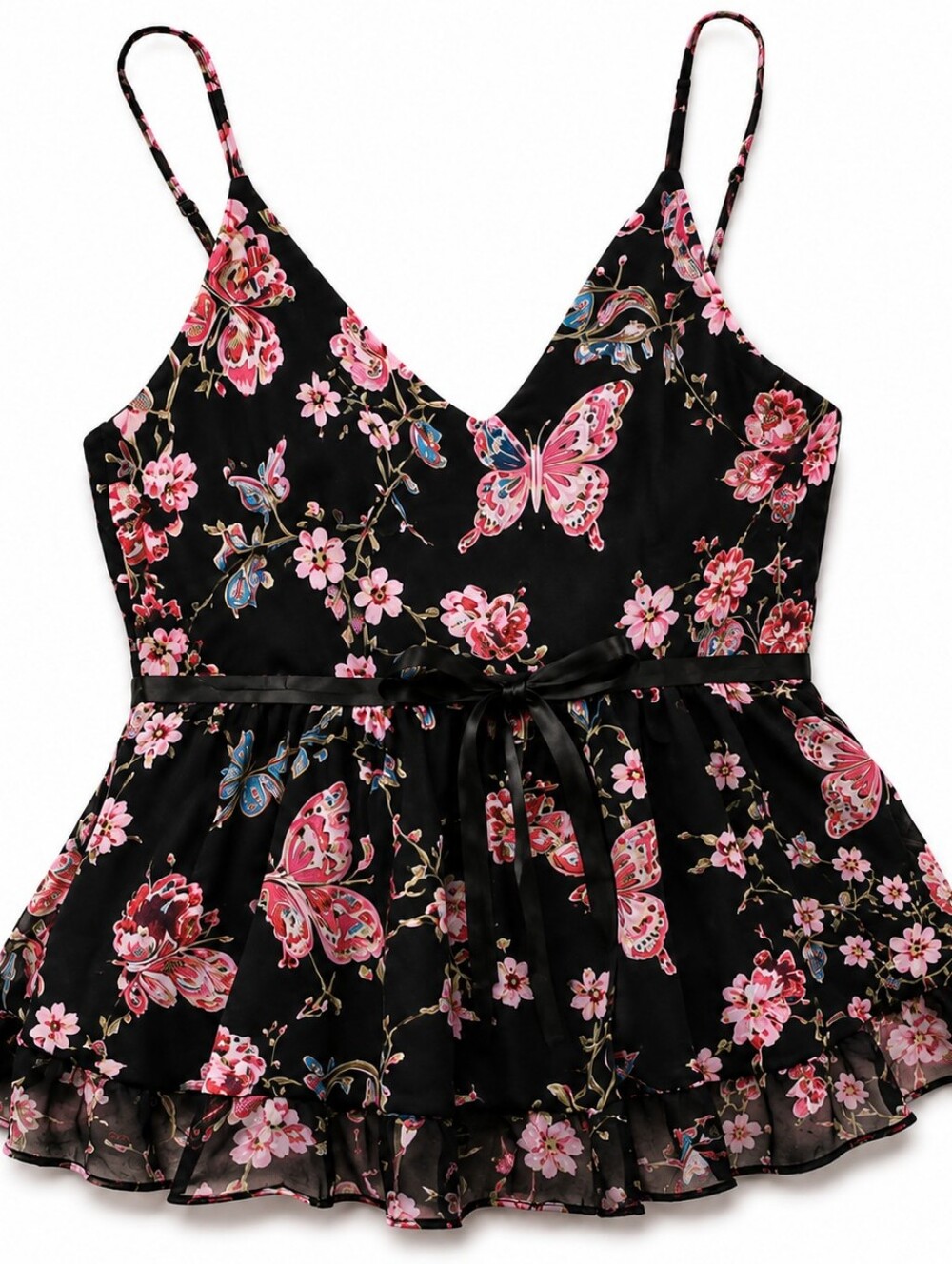 Betsey Johnson Babydoll Tank/Cami Black  Butterfly Print Coquette Fairy Y2K Sz M